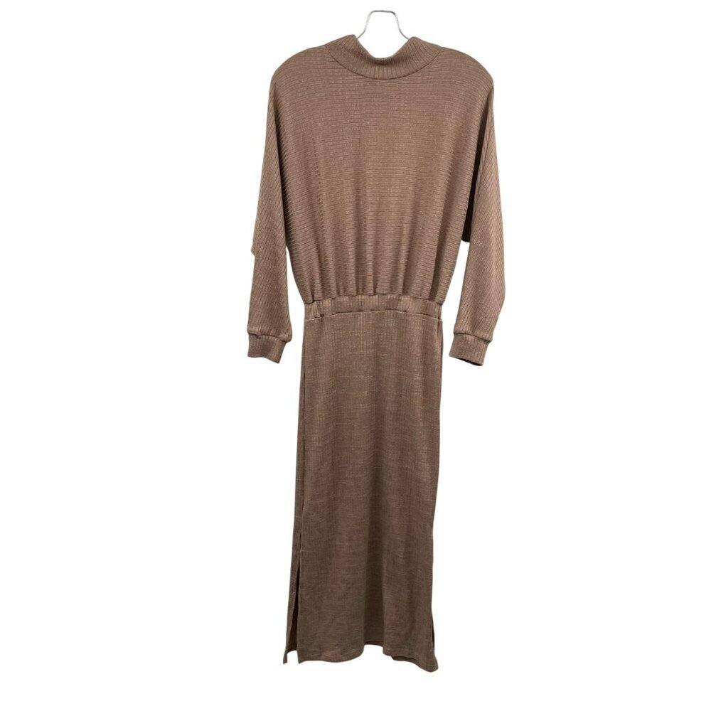 Moodie Womens Sweater Dress Maxi Long Sleeve Mock Neck Tan Ribbed XS